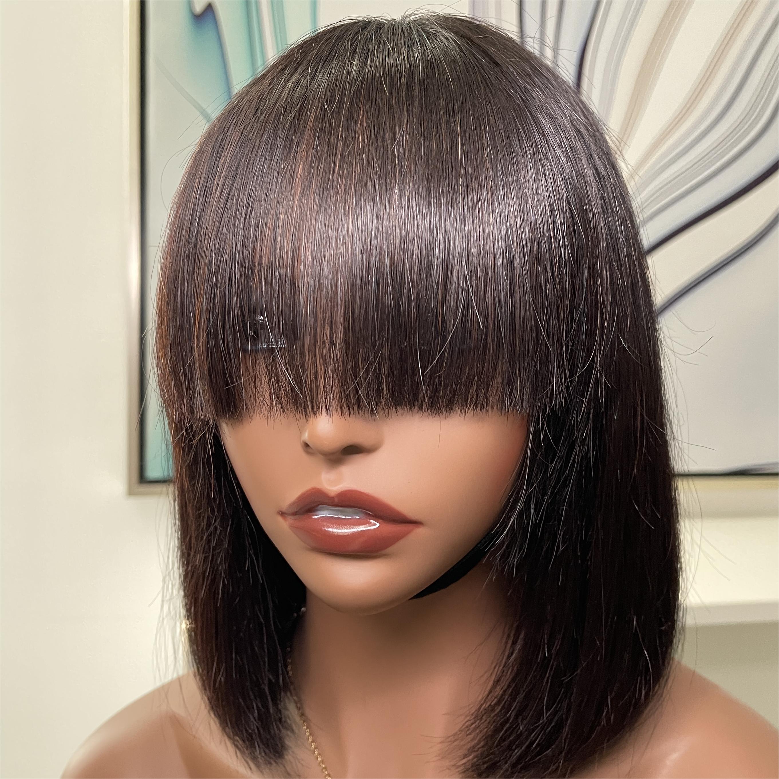 Glueless Natural Straight Bob With Bangs Minimalist  Lace Wig 100% Human Hair