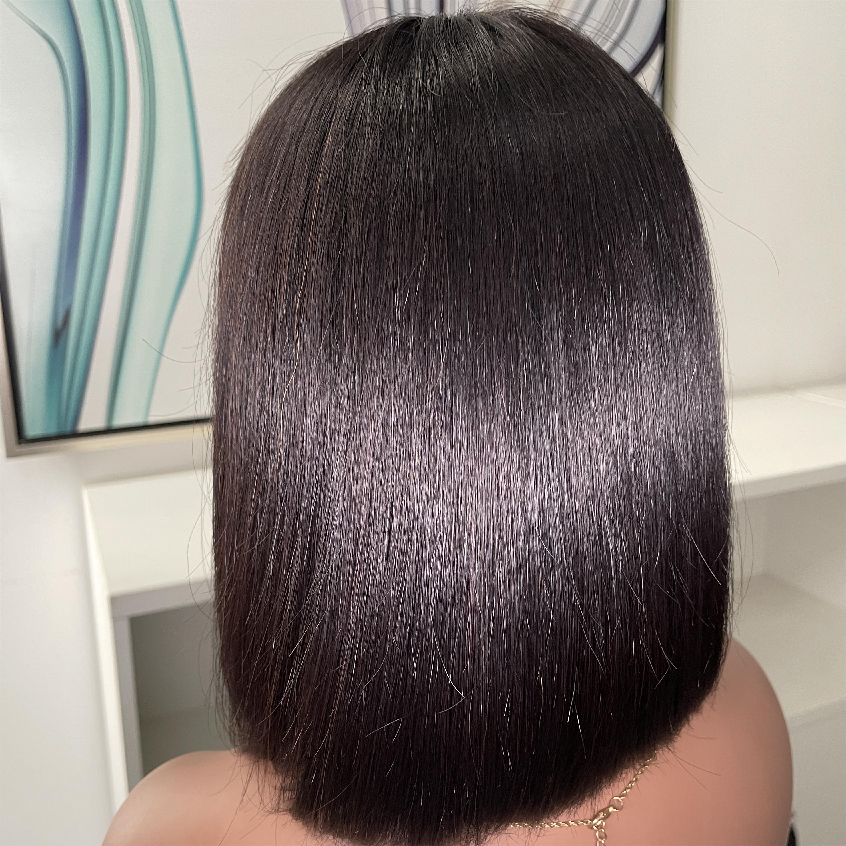 Glueless Natural Straight Bob With Bangs Minimalist  Lace Wig 100% Human Hair